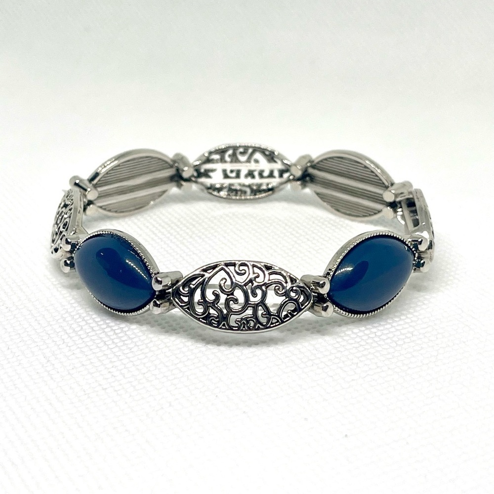 Silver-Tone Filigree Bracelet with Navy Blue Accents